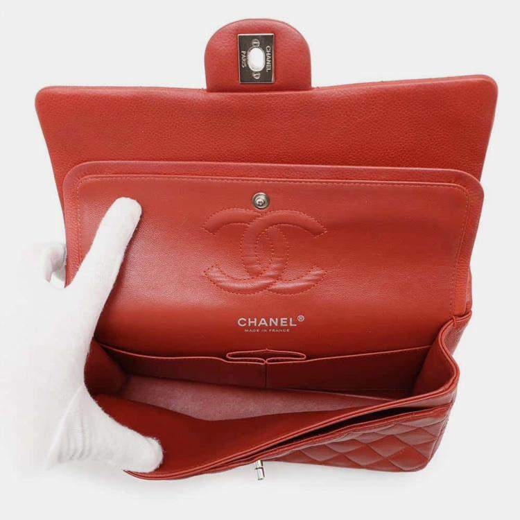 Pre Owned Chanel Red Caviar Leather Classic Double Flap Shoulder Bag 