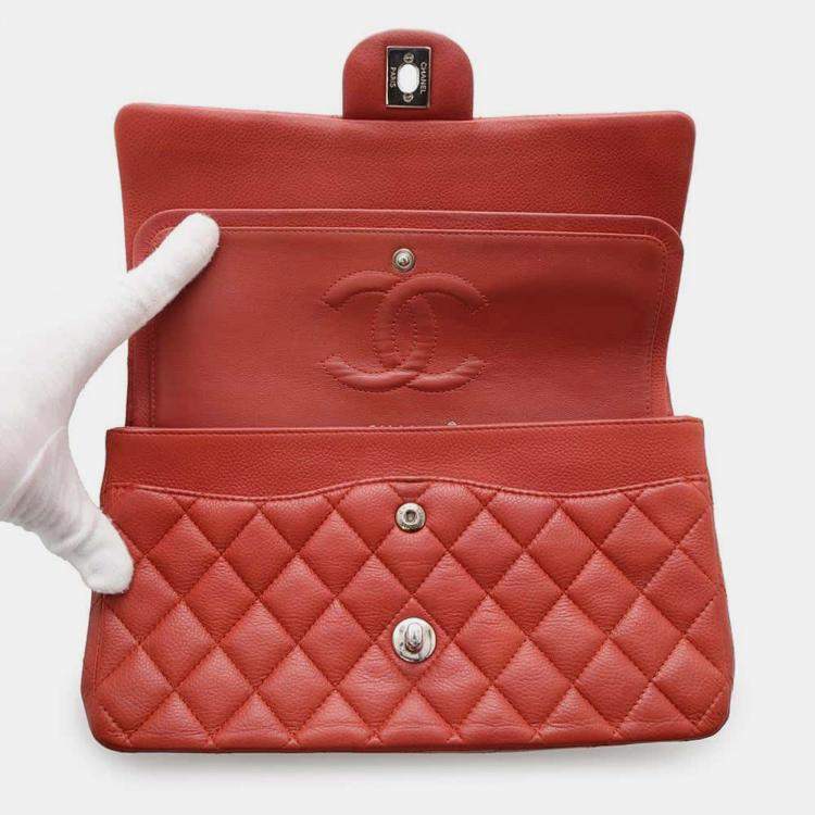 Pre Owned Chanel Red Caviar Leather Classic Double Flap Shoulder Bag 