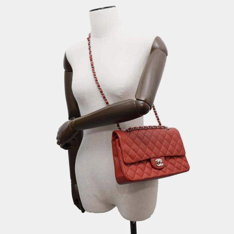Pre Owned Chanel Red Caviar Leather Classic Double Flap Shoulder Bag 