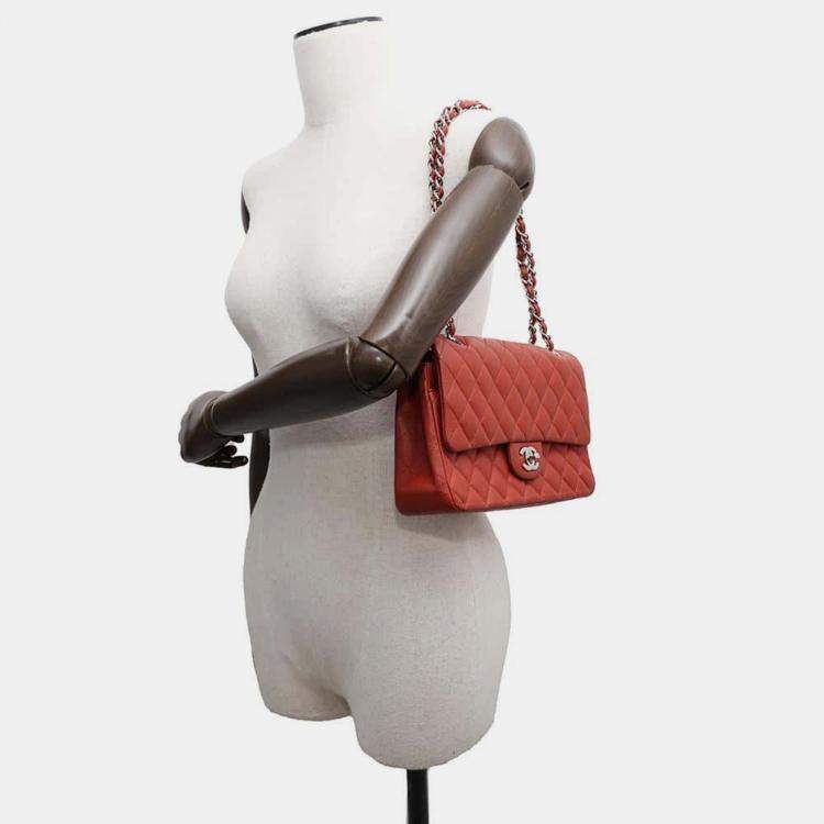 Pre Owned Chanel Red Caviar Leather Classic Double Flap Shoulder Bag 