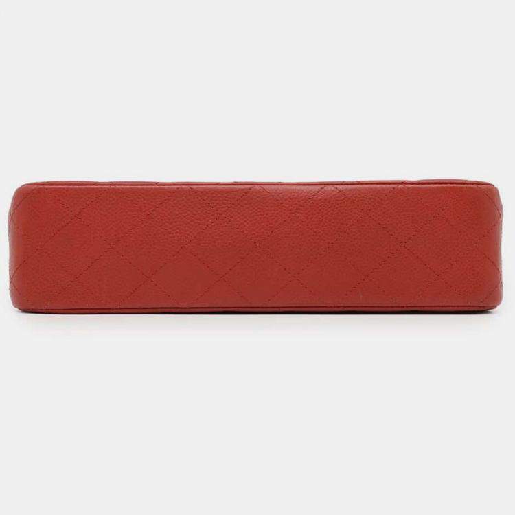 Pre Owned Chanel Red Caviar Leather Classic Double Flap Shoulder Bag 