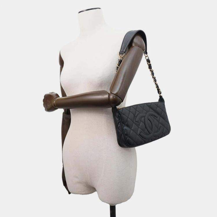 Pre Owned Chanel Black Caviar Leather One Belt Cc Logo Semi Shoulder Bag 