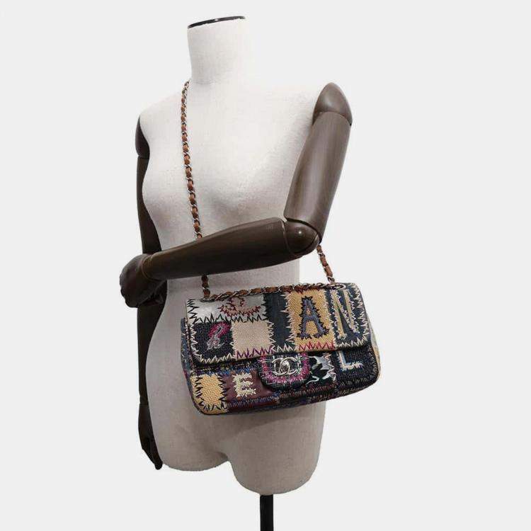 Pre Owned Chanel Multicolor Denim Canvas Leather Patchwork Chain Shoulder Bag 