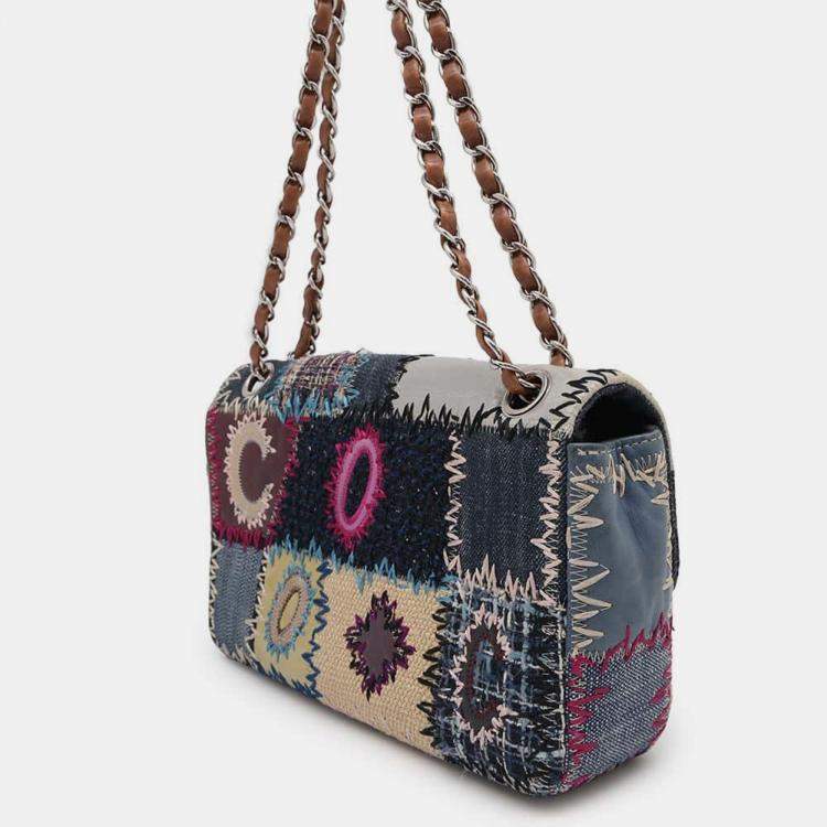 Pre Owned Chanel Multicolor Denim Canvas Leather Patchwork Chain Shoulder Bag 