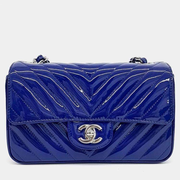 Pre Owned Chanel Blue Patent Leather Chevron Classic Mini Crossbody Bag