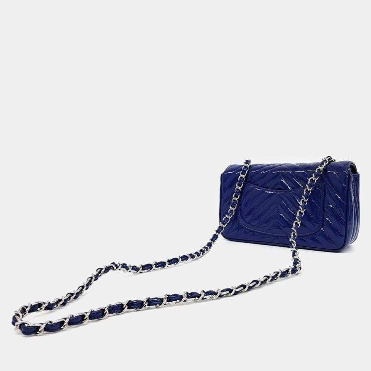 Pre Owned Chanel Blue Patent Leather Chevron Classic Mini Crossbody Bag