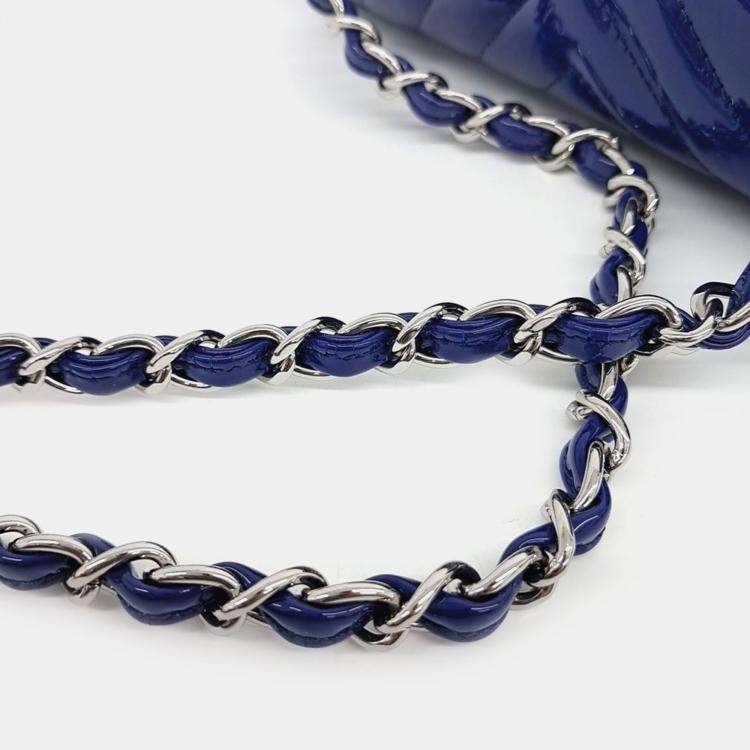 Pre Owned Chanel Blue Patent Leather Chevron Classic Mini Crossbody Bag