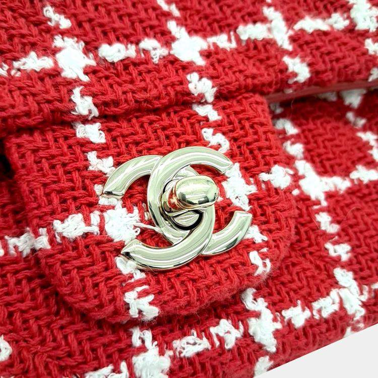 Pre Owned Chanel Red Tweed Classic Mini Crossbody Bag