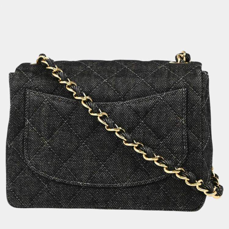 Pre Owned Chanel Black Denim Mini Classic Square Flap Shoulder Bag
