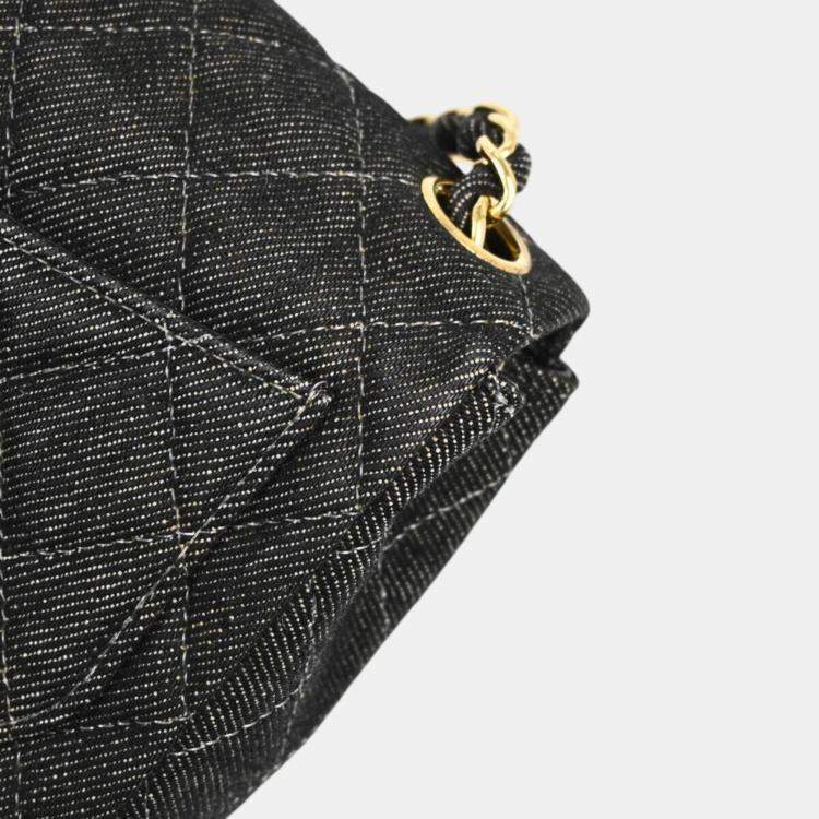 Pre Owned Chanel Black Denim Mini Classic Square Flap Shoulder Bag