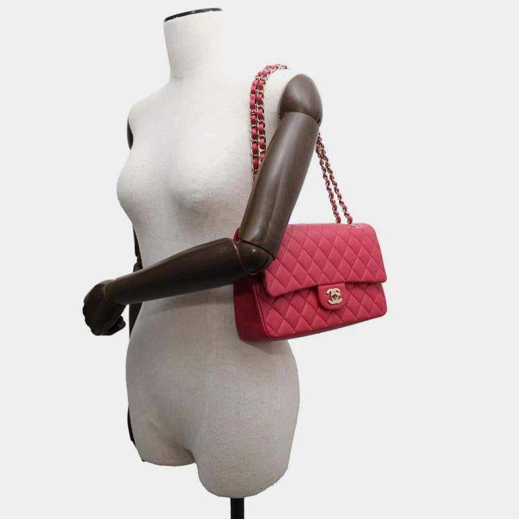 Pre Owned Chanel Pink Caviar Leather Medium Double Flap Chain Shoulder Bag 