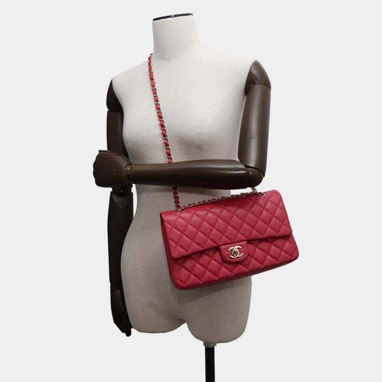 Pre Owned Chanel Pink Caviar Leather Medium Double Flap Chain Shoulder Bag 