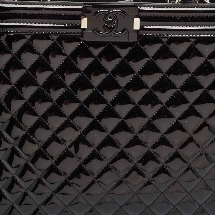 Pre Owned Chanel Black Quilted Patent Leather Large Boy Shopper Tote