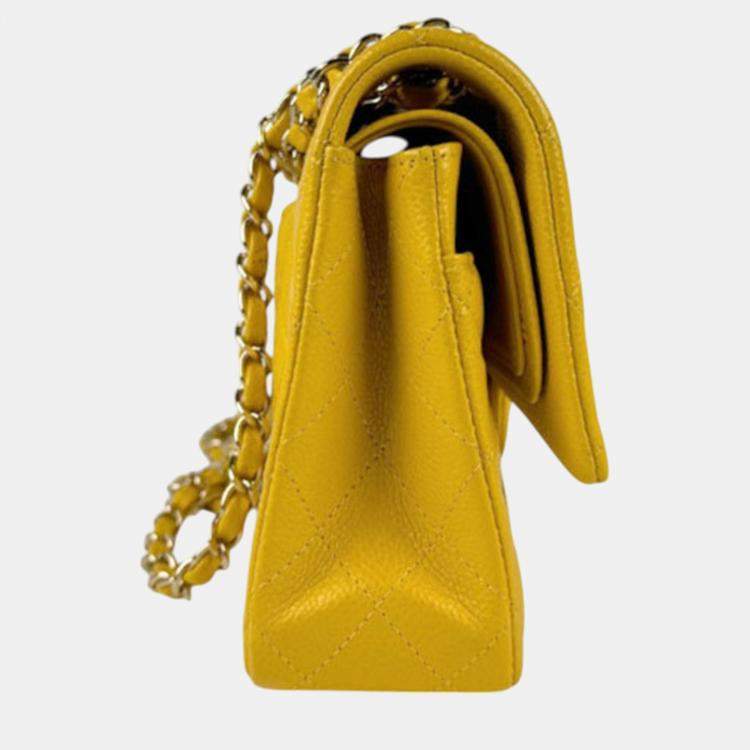 Pre Owned Chanel Yellow Caviar Leather Double Flap Shoulder Bag