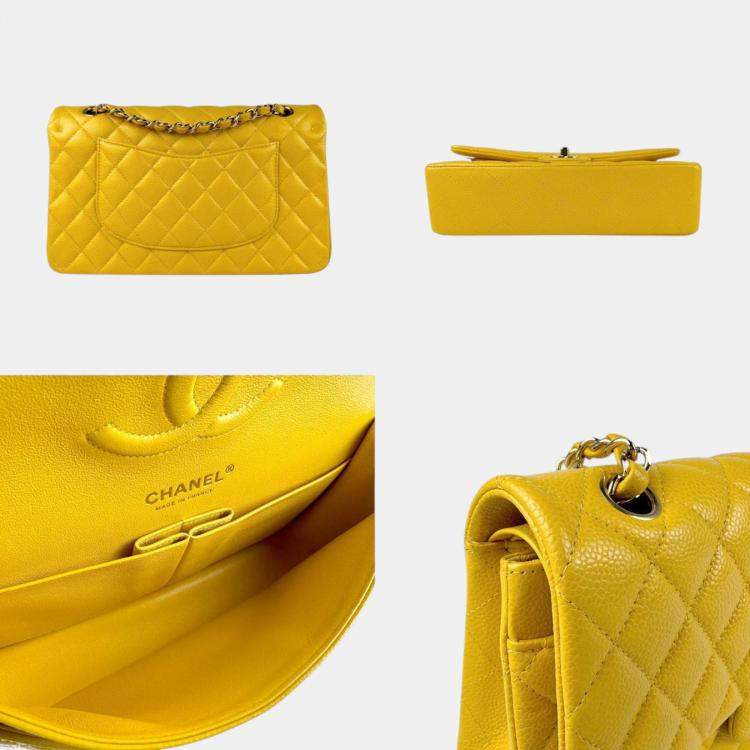 Pre Owned Chanel Yellow Caviar Leather Double Flap Shoulder Bag