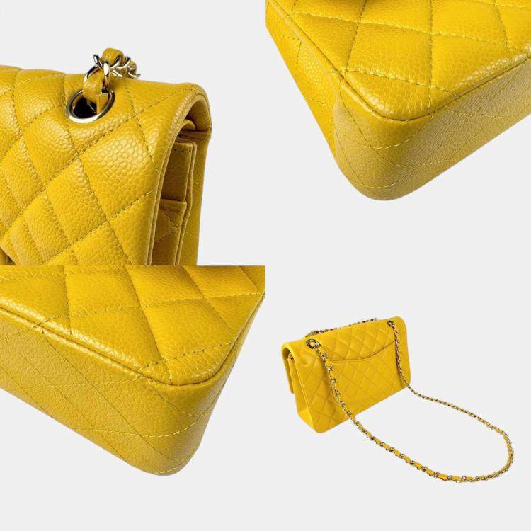 Pre Owned Chanel Yellow Caviar Leather Double Flap Shoulder Bag