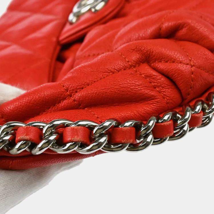 Pre Owned Chanel Red Lambskin Around Chain Shoulder Bag