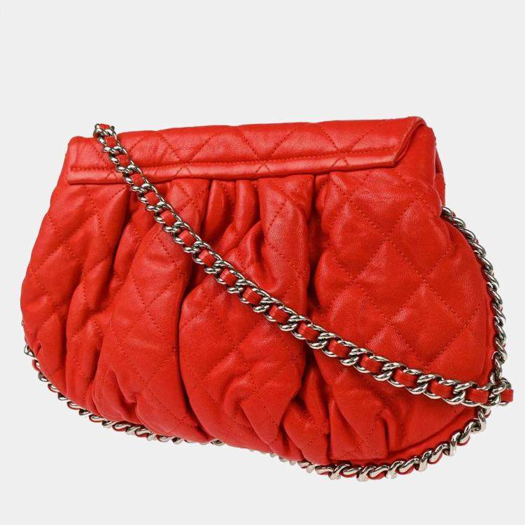 Pre Owned Chanel Red Lambskin Around Chain Shoulder Bag