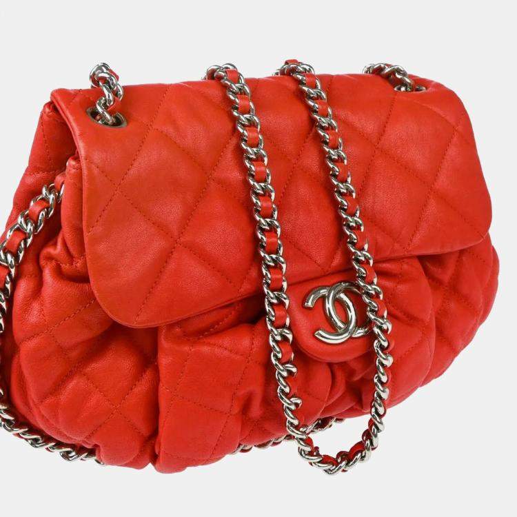 Pre Owned Chanel Red Lambskin Around Chain Shoulder Bag
