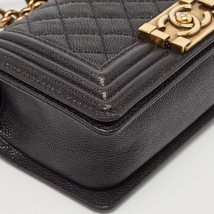 Pre Owned Chanel Black Quilted Caviar Leather Small Boy Flap Bag