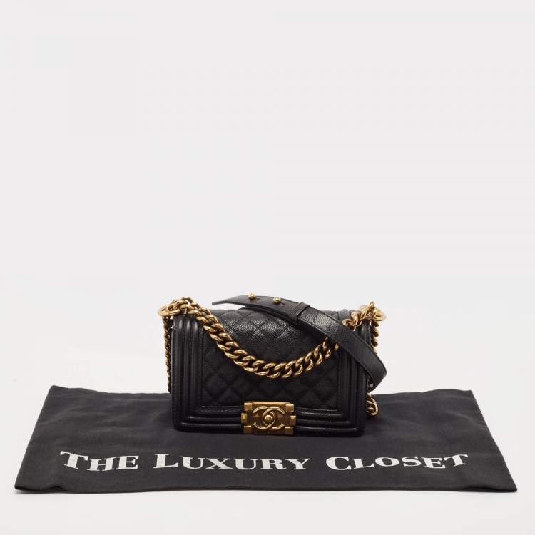 Pre Owned Chanel Black Quilted Caviar Leather Small Boy Flap Bag