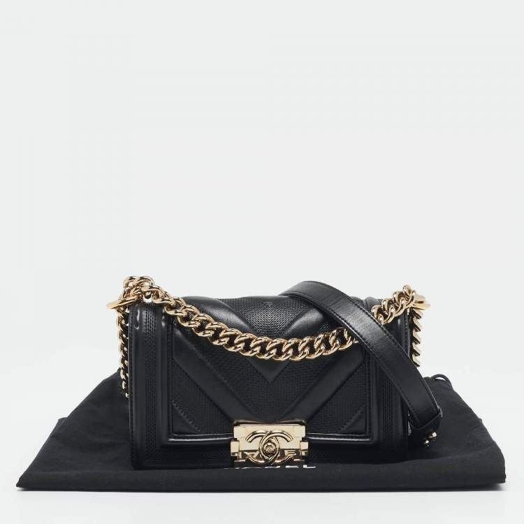 Pre Owned Chanel Black Textured Leather Small Boy Flap Bag