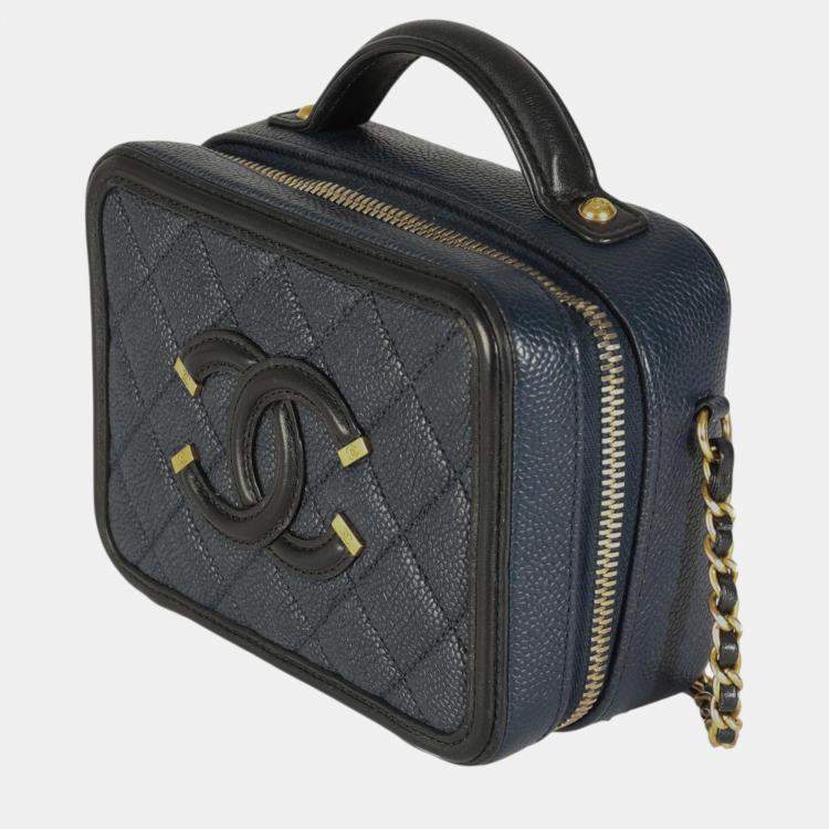 Pre Owned Chanel Black Navy Quilted Caviar Small CC FIligree Vanity Case
