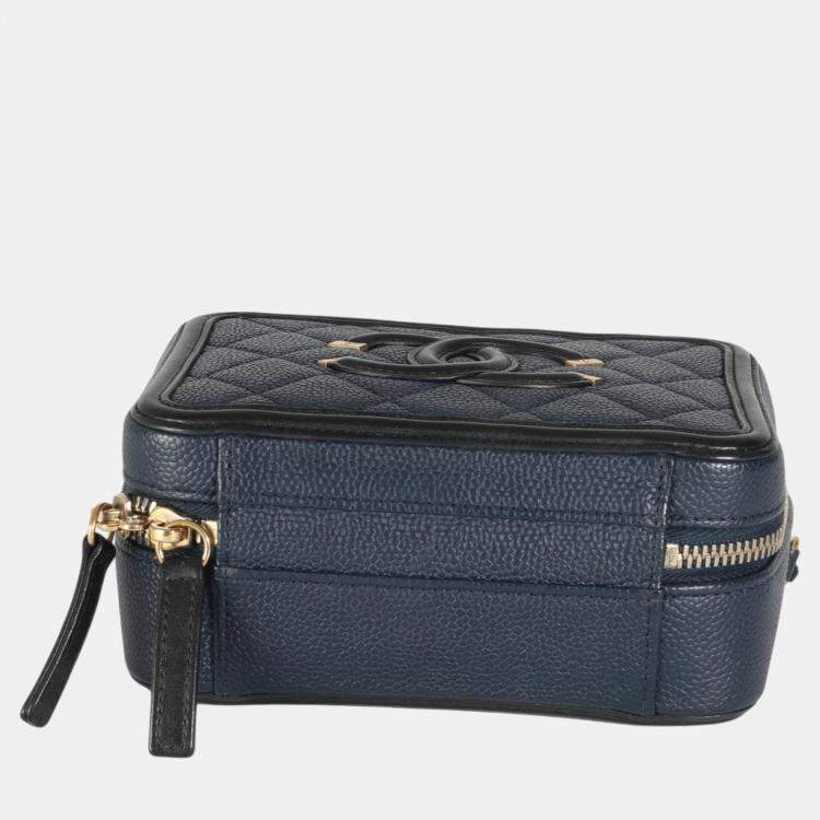 Pre Owned Chanel Black Navy Quilted Caviar Small CC FIligree Vanity Case