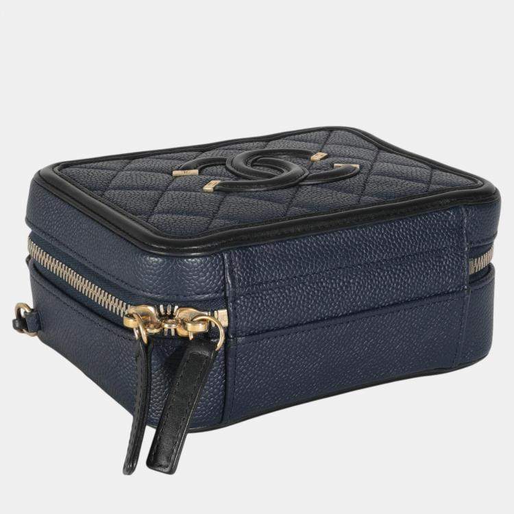 Pre Owned Chanel Black Navy Quilted Caviar Small CC FIligree Vanity Case