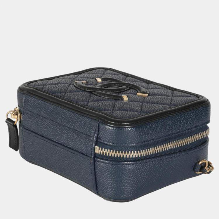 Pre Owned Chanel Black Navy Quilted Caviar Small CC FIligree Vanity Case