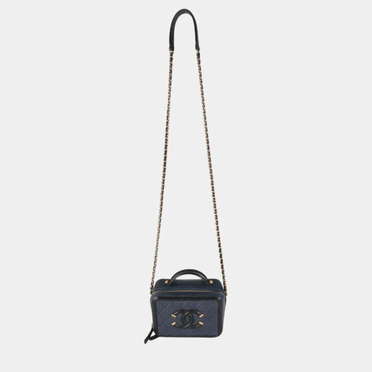 Pre Owned Chanel Black Navy Quilted Caviar Small CC FIligree Vanity Case