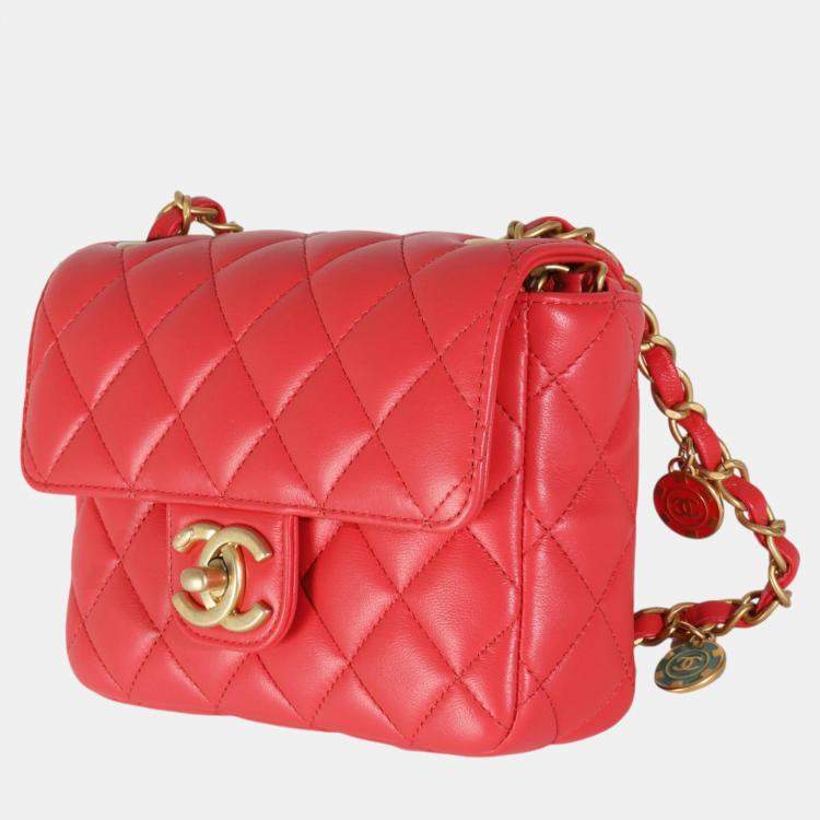 Pre Owned Chanel Red Quilted Lambskin Coco Pins Mini Flap Bag