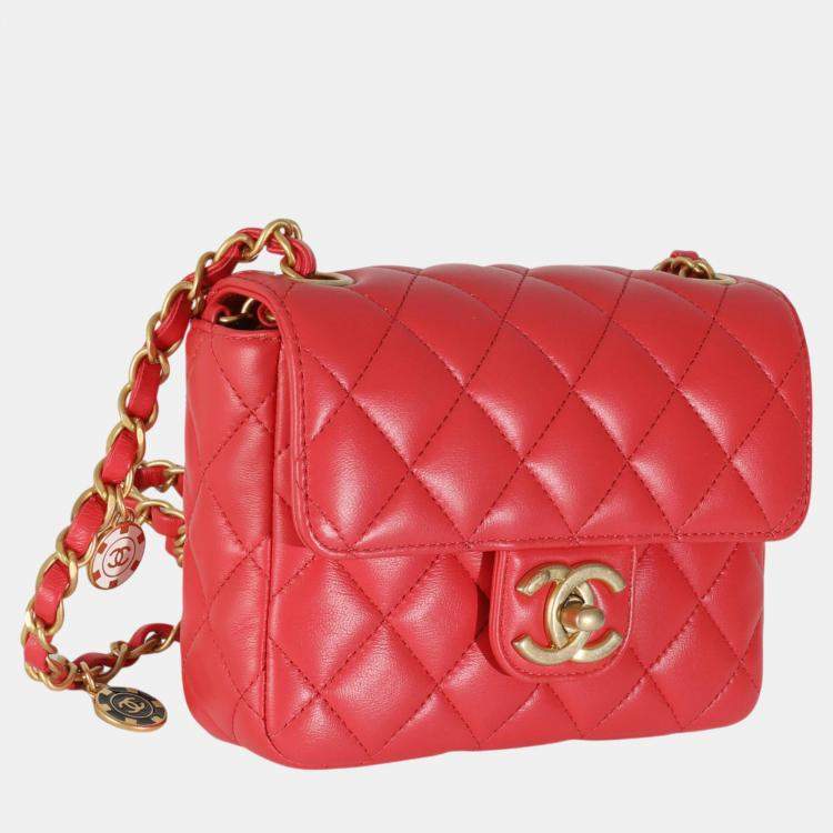 Pre Owned Chanel Red Quilted Lambskin Coco Pins Mini Flap Bag