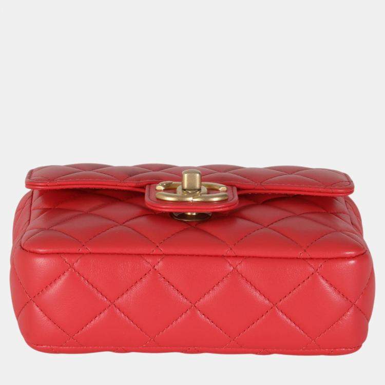 Pre Owned Chanel Red Quilted Lambskin Coco Pins Mini Flap Bag