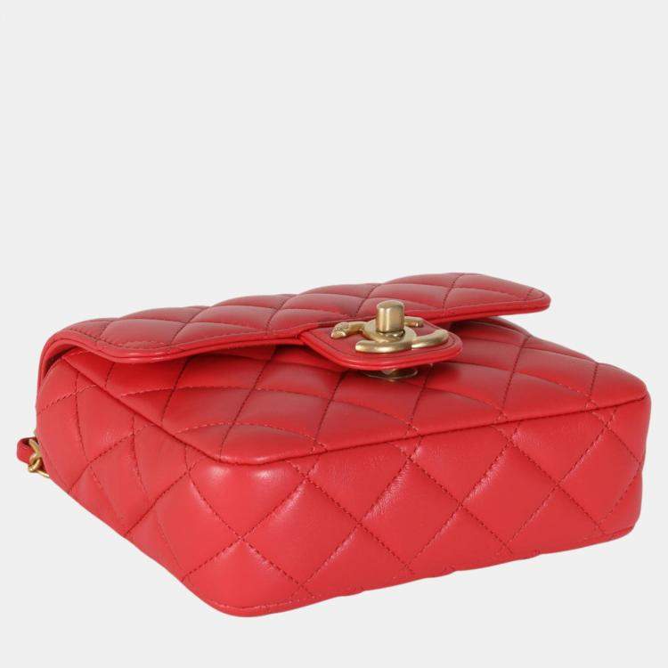 Pre Owned Chanel Red Quilted Lambskin Coco Pins Mini Flap Bag
