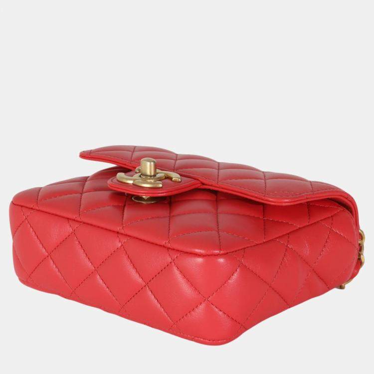 Pre Owned Chanel Red Quilted Lambskin Coco Pins Mini Flap Bag