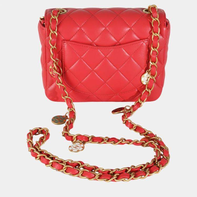Pre Owned Chanel Red Quilted Lambskin Coco Pins Mini Flap Bag
