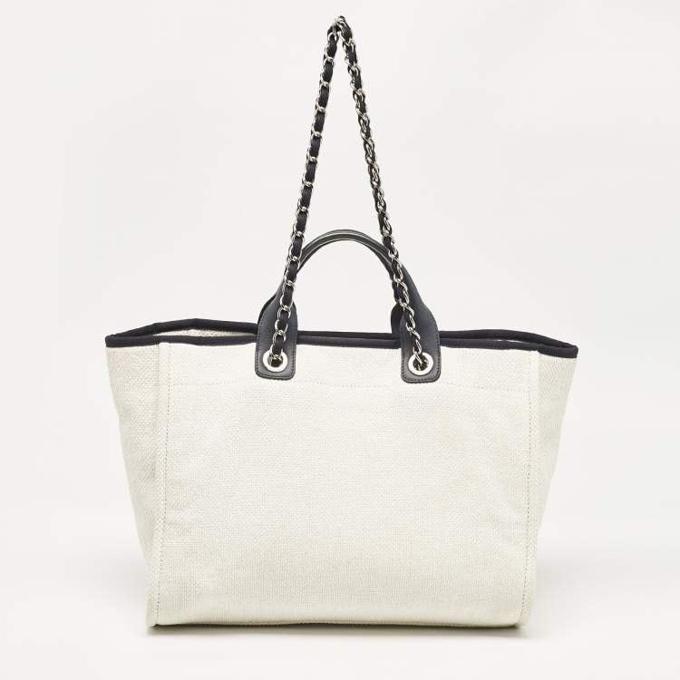 Pre Owned Chanel White/Navy Blue Raffia Large Deauville Shopper Tote