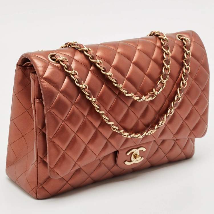 Pre Owned Chanel Copper Quilted Leather Maxi Classic Double Flap Bag