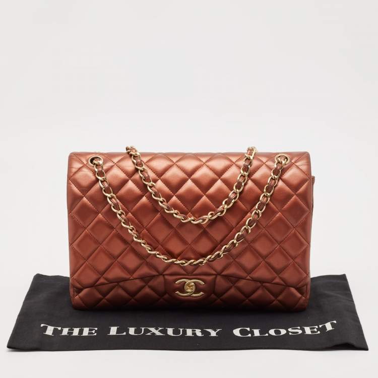 Pre Owned Chanel Copper Quilted Leather Maxi Classic Double Flap Bag