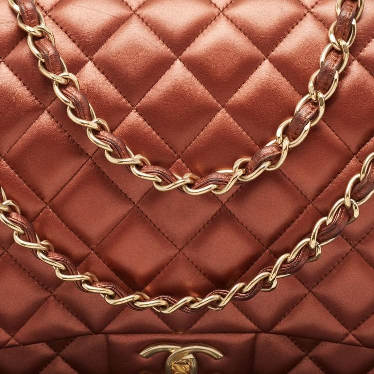 Pre Owned Chanel Copper Quilted Leather Maxi Classic Double Flap Bag