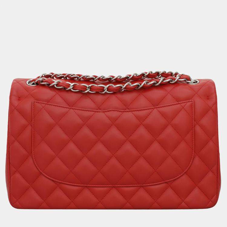 Pre Owned Chanel Red Quilted Lambskin Leather Jumbo Classic Double Flap Bag