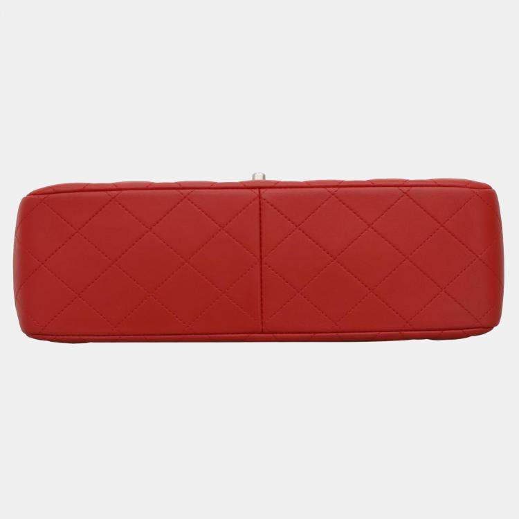 Pre Owned Chanel Red Quilted Lambskin Leather Jumbo Classic Double Flap Bag