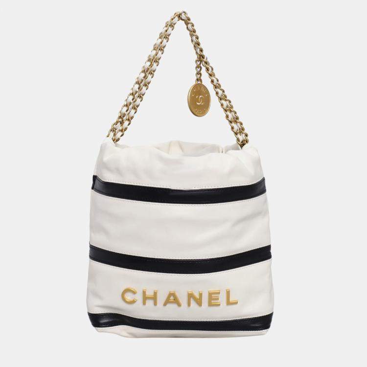 Pre Owned Chanel White Lambskin Leather Mini 22 Stripes Bag