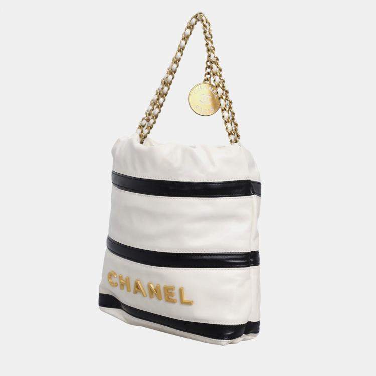 Pre Owned Chanel White Lambskin Leather Mini 22 Stripes Bag