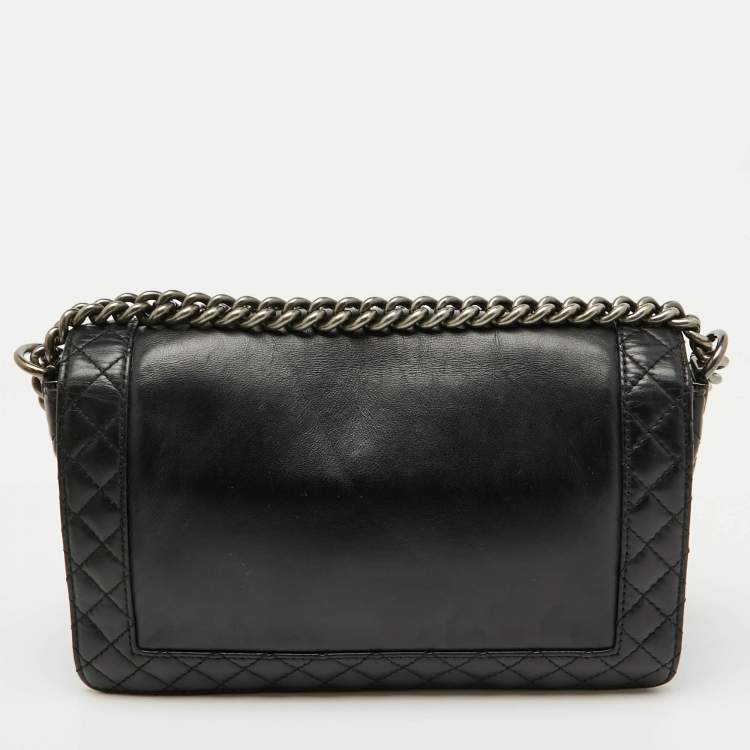 Pre Owned Chanel Black Leather Enchained New Medium Boy Flap Bag