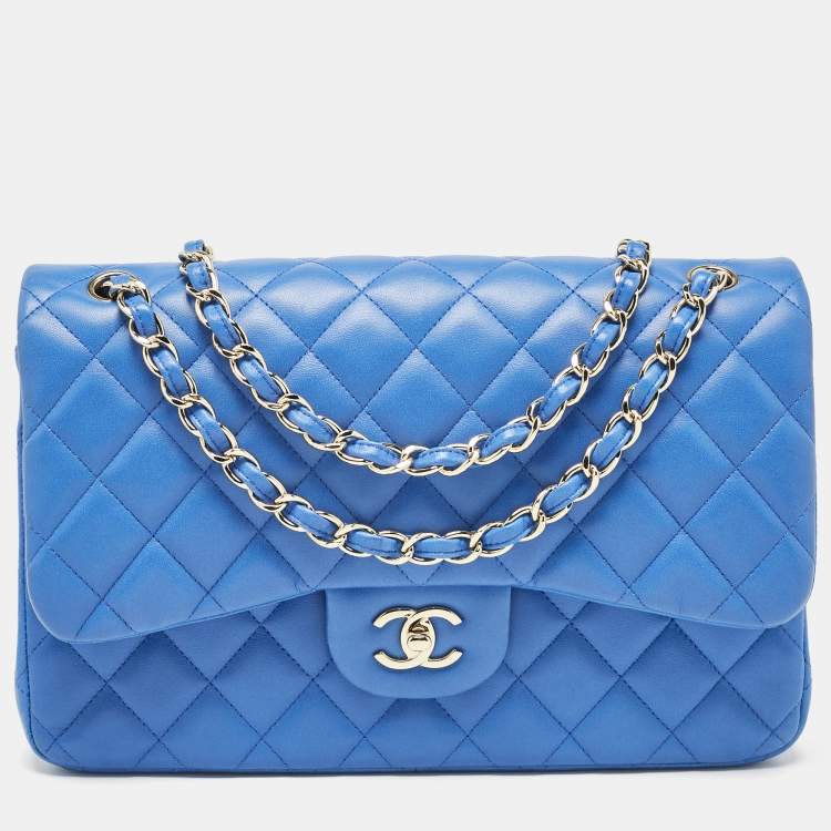 Pre Owned Chanel Blue Quilted Leather Jumbo Classic Double Flap Bag