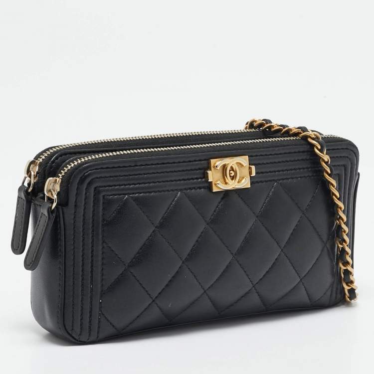 Pre Owned Chanel Black Quilted Leather Boy Double Zip Wallet On Chain