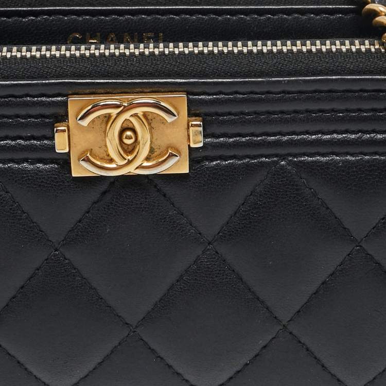Pre Owned Chanel Black Quilted Leather Boy Double Zip Wallet On Chain