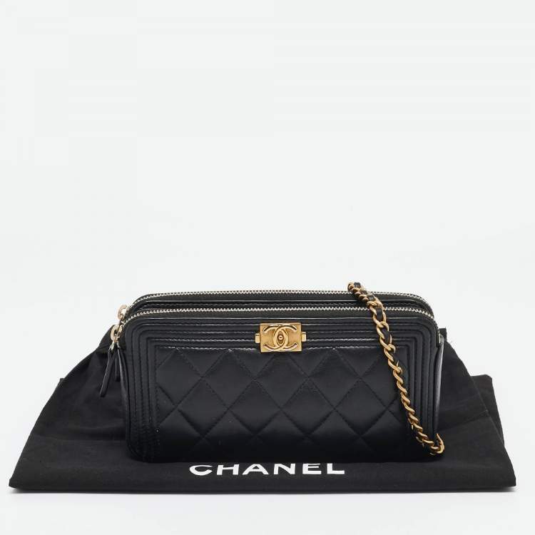 Pre Owned Chanel Black Quilted Leather Boy Double Zip Wallet On Chain